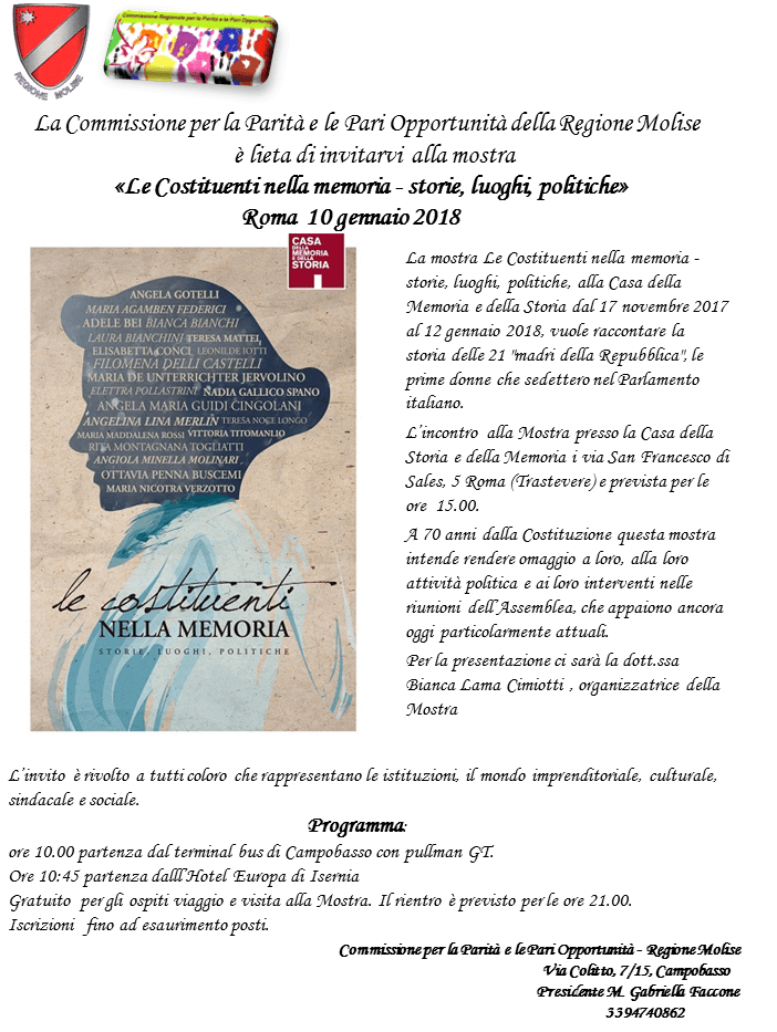 “Le Costituenti della memoria” Commissione regionale pari opportunità a Roma per celebrare con una mostra le prime donne in parlamento